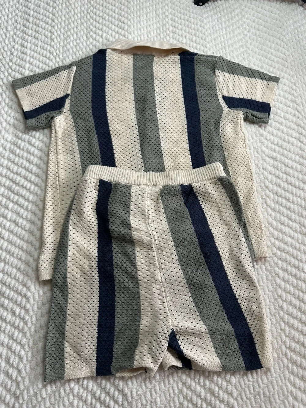 NEW H&M Striped Mesh Knit Polo & Shorts Set — Beige , Olive, Navy - 2T
